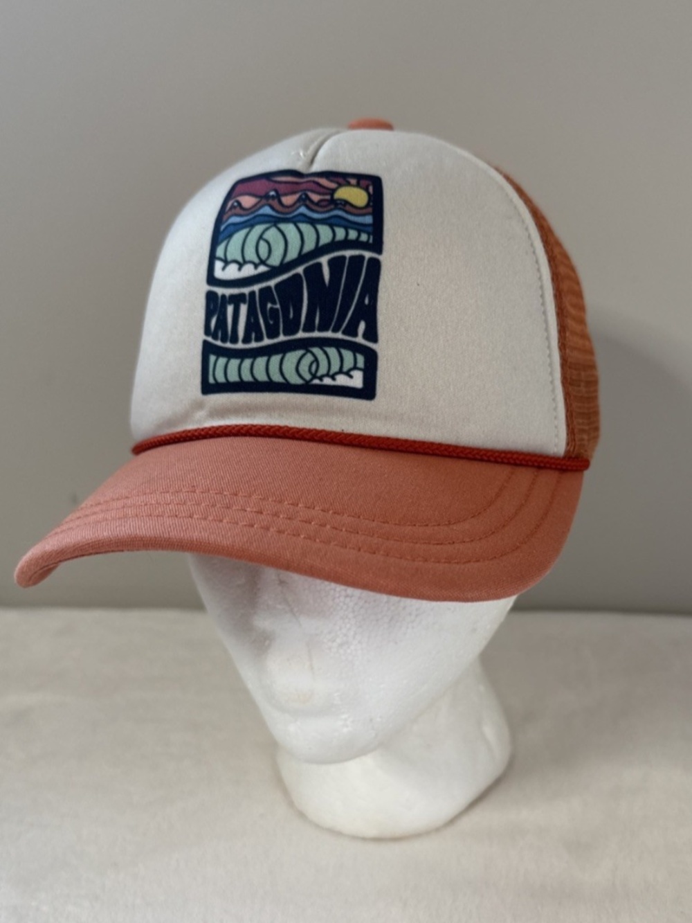 Patagonia Cosmic Peaks Trucker Hat | Orange & White Mountain | Outdoor Retro